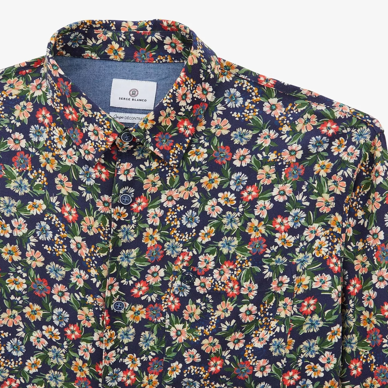 dark_blue_shirt_with_multicolored_floral_print_with_long_sleeves_3.webp SERGE BLANCO® Shirts^Dark blue shirt with multi-colored floral print with long sleeves